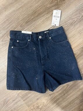 Zara Navy Denim Shorts with Rhinestone Accents